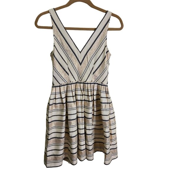 J. Crew NWT Ivory Gold Chevron Striped Metallic Dot N Flare V Neck Dress Size 0 - Picture 3 of 11